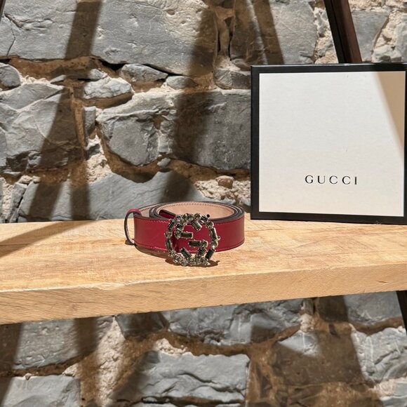 Gucci GG Burgundy Leather Crystal GG Buckle Belt - Picture 1 of 10